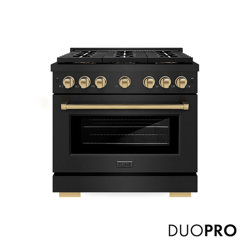ZLINE Autograph Edition 36 in. 5.2 cu. ft. Paramount Dual Fuel Range with 6 Burner DuoPro™ Cooktop and Electric Convection Oven in Black Stainless Steel and Champagne Bronze Accents (PSDRBZ-36-CB)