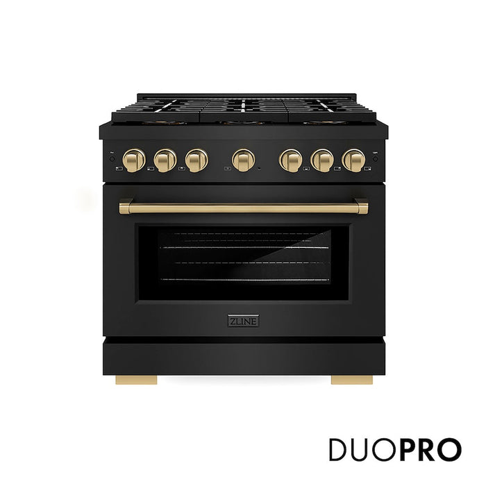 ZLINE Autograph Edition 36 in. 5.2 cu. ft. Paramount Dual Fuel Range with 6 Burner DuoPro™ Cooktop and Electric Convection Oven in Black Stainless Steel and Champagne Bronze Accents (PSDRBZ-36-CB)