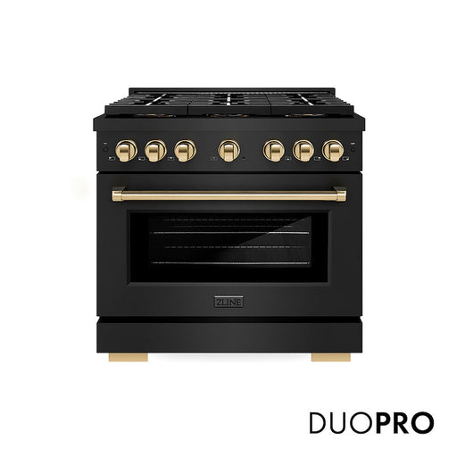 ZLINE Autograph Edition 36 in. 5.2 cu. ft. Paramount Dual Fuel Range with 6 Burner DuoPro™ Cooktop and Electric Convection Oven in Black Stainless Steel and Polished Gold Accents (PSDRBZ-36-G)