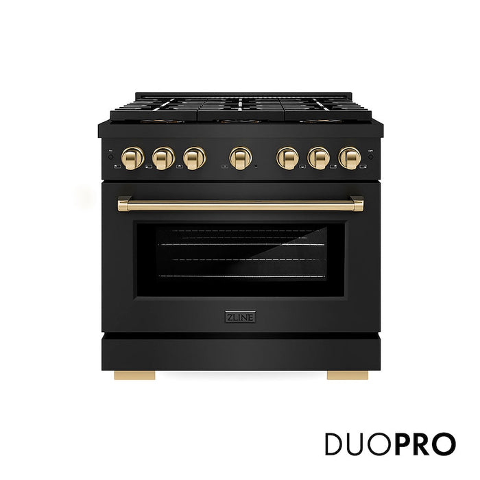 ZLINE Autograph Edition 36 in. 5.2 cu. ft. Paramount Dual Fuel Range with 6 Burner DuoPro™ Cooktop and Electric Convection Oven in Black Stainless Steel and Polished Gold Accents (PSDRBZ-36-G)