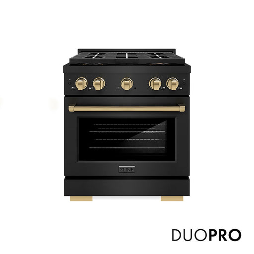 ZLINE Autograph Edition 30 in. 4.2 cu. ft. Paramount Gas Range with 4 Burner DuoPro™ Cooktop and Convection Gas Oven in Black Stainless Steel and Champagne Bronze Accents (PSGRBZ-30-CB)