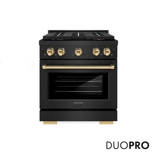 ZLINE Autograph Edition 30 in. 4.2 cu. ft. Paramount Gas Range with 4 Burner DuoPro™ Cooktop and Convection Gas Oven in Black Stainless Steel and Polished Gold Accents (PSGRBZ-30-G)