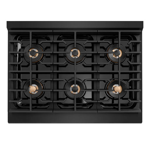 ZLINE Autograph Edition 36 in. 5.2 cu. ft. Paramount Gas Range with 6 Burner DuoPro™ Cooktop and Convection Gas Oven in Black Stainless Steel and Champagne Bronze Accents (PSGRBZ-36-CB)