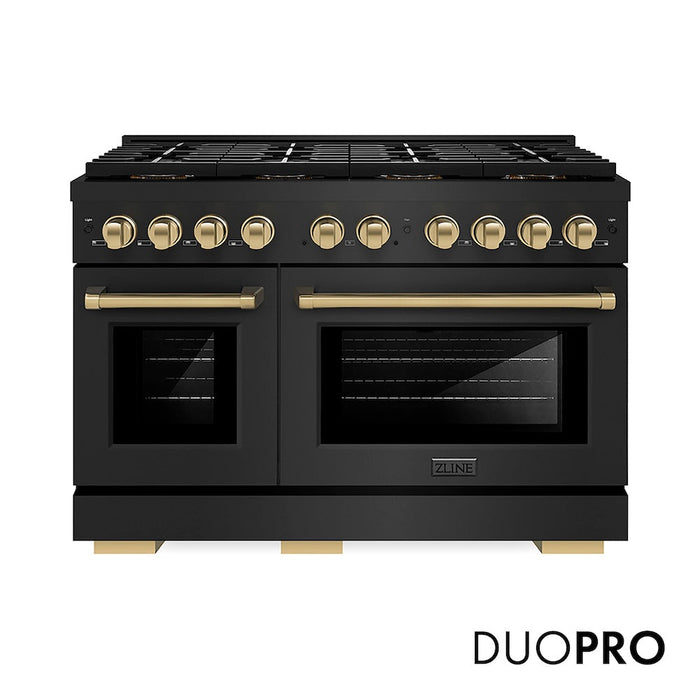 ZLINE Autograph Edition 48 in. 6.7 cu. ft. Paramount Gas Range with 8 Burner DuoPro™ Cooktop and Dual Ovens in Black Stainless Steel and Champagne Bronze Accents (PSGRBZ-48-CB)