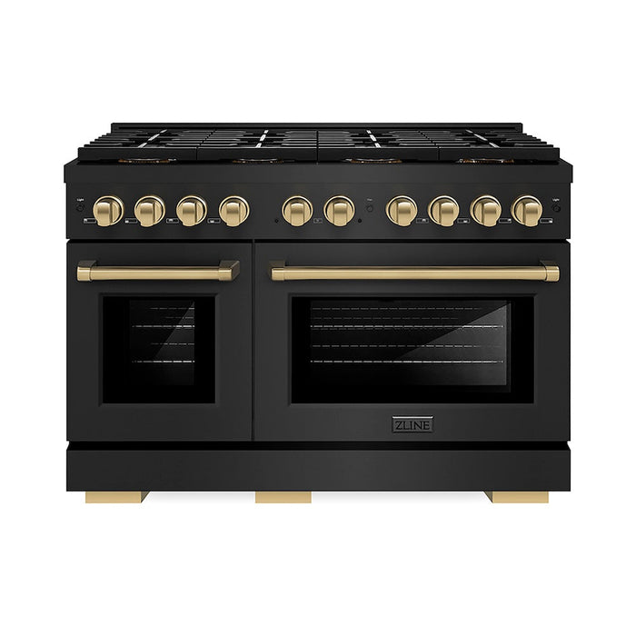 ZLINE Autograph Edition 48 in. 6.7 cu. ft. Paramount Gas Range with 8 Burner DuoPro™ Cooktop and Dual Ovens in Black Stainless Steel and Champagne Bronze Accents (PSGRBZ-48-CB)