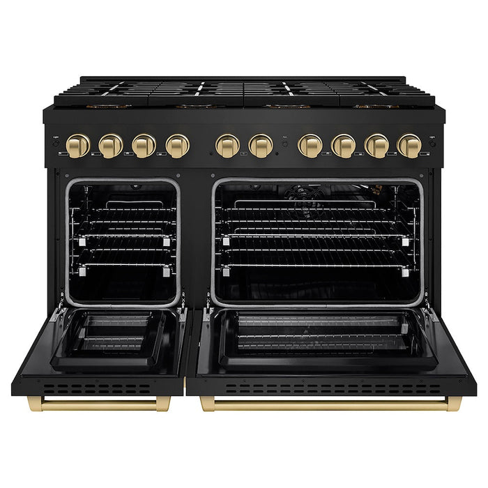 ZLINE Autograph Edition 48 in. 6.7 cu. ft. Paramount Gas Range with 8 Burner DuoPro™ Cooktop and Dual Ovens in Black Stainless Steel and Champagne Bronze Accents (PSGRBZ-48-CB)