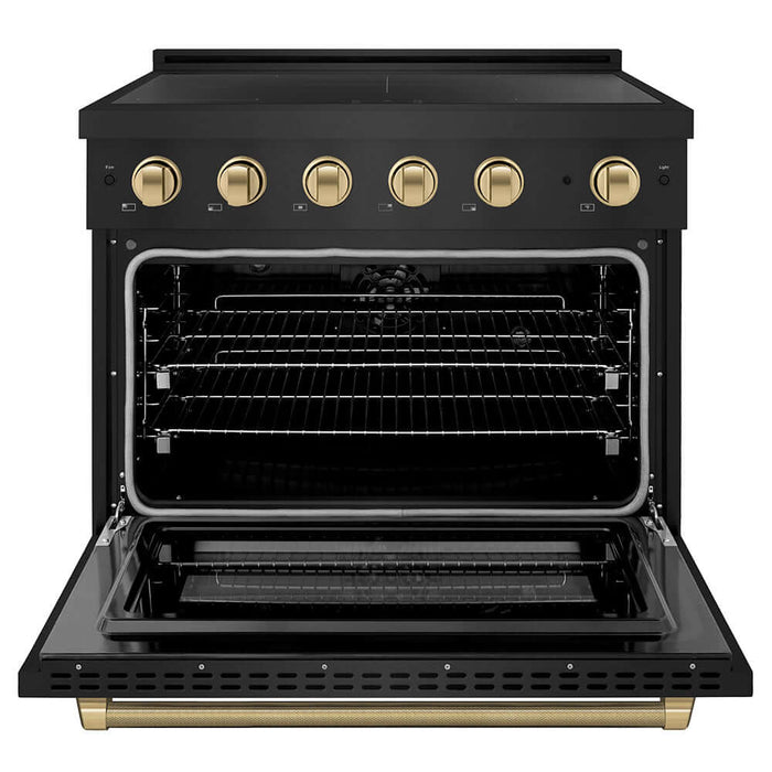 ZLINE Autograph Edition 36 in. 5.2 cu. ft. Paramount Induction Range with 5 Element Cooktop and Electric Convection Oven in Black Stainless Steel with Champagne Bronze Helix Handle and Knob Accents (SINRBZ-36-KCB)