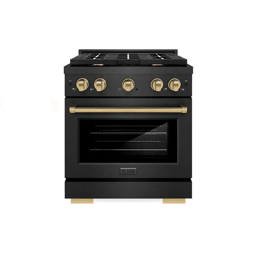 ZLINE Autograph Edition 30 in. 4.2 cu. ft. Paramount Dual Fuel Range with 4 Burner Gas Cooktop and Electric Convection Oven in Black Satin Stainless Steel with Champagne Bronze Accents (SDRBSZ-30-CB)