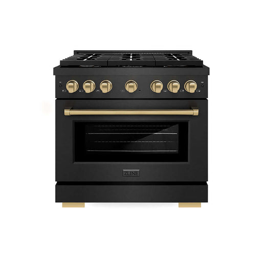 ZLINE Autograph Edition 36 in. 5.2 cu. ft. Paramount Dual Fuel Range with 6 Burner Gas Cooktop and Electric Convection Oven in Black Satin Stainless Steel with Champagne Bronze Accents (SDRBSZ-36-CB)