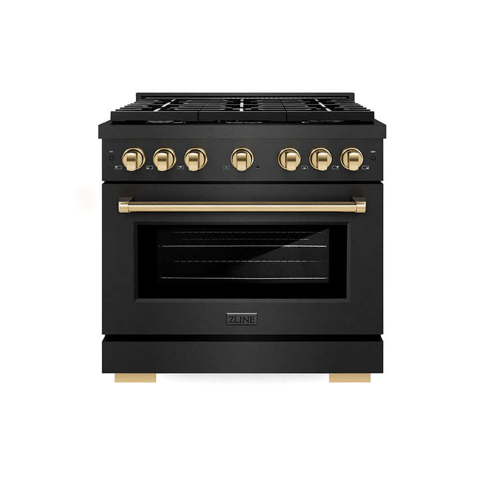 ZLINE Autograph Edition 36 in. 5.2 cu. ft. Paramount Dual Fuel Range with 6 Burner Gas Cooktop and Electric Convection Oven in Black Satin Stainless Steel with Polished Gold Accents (SDRBSZ-36-G)