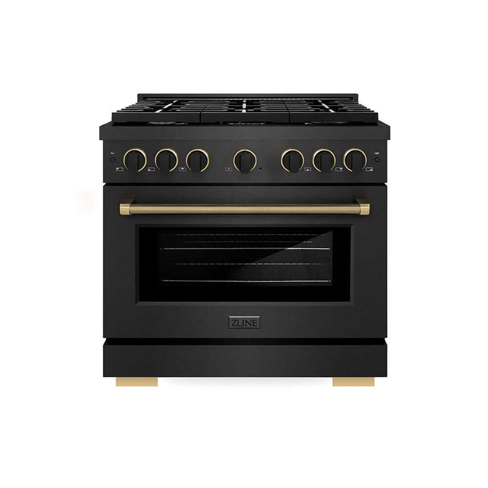 ZLINE Designer Collection 36 in. 5.2 cu. ft. Paramount Dual Fuel Range with 6 Burner Gas Cooktop and Electric Convection Oven in Black Satin Stainless Steel with Matte Black and Champagne Bronze Accents (SDRBSZ-36-MBCB)