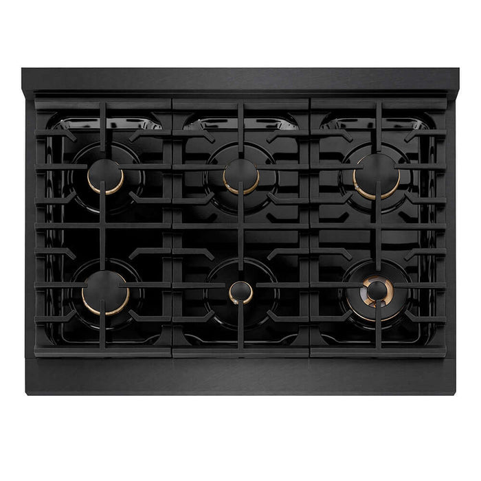 ZLINE Designer Collection 36 in. 5.2 cu. ft. Paramount Dual Fuel Range with 6 Burner Gas Cooktop and Electric Convection Oven in Black Satin Stainless Steel with Matte Black and Champagne Bronze Accents (SDRBSZ-36-MBCB)