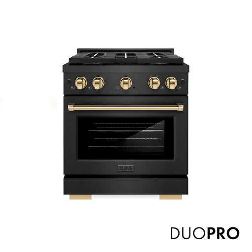 ZLINE Autograph Edition 30 in. 4.2 cu. ft. Paramount Dual Fuel Range with 4 Burner DuoPro™ Cooktop and Electric Convection Oven in Black Satin Stainless Steel and Polished Gold Accents (PSDRBSZ-30-G)