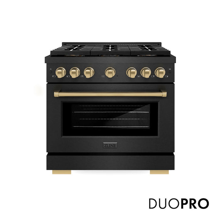 ZLINE Autograph Edition 36 in. 5.2 cu. ft. Paramount Dual Fuel Range with 6 Burner DuoPro™ Cooktop and Electric Convection Oven in Black Satin Stainless Steel and Champagne Bronze Accents (PSDRBSZ-36-CB)