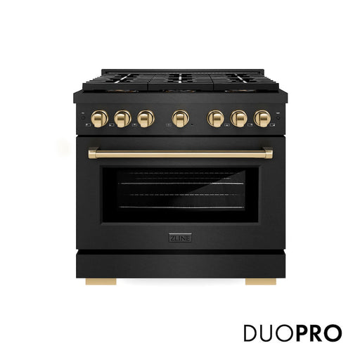ZLINE Autograph Edition 36 in. 5.2 cu. ft. Paramount Dual Fuel Range with 6 Burner DuoPro™ Cooktop and Electric Convection Oven in Black Satin Stainless Steel and Polished Gold Accents (PSDRBSZ-36-G)