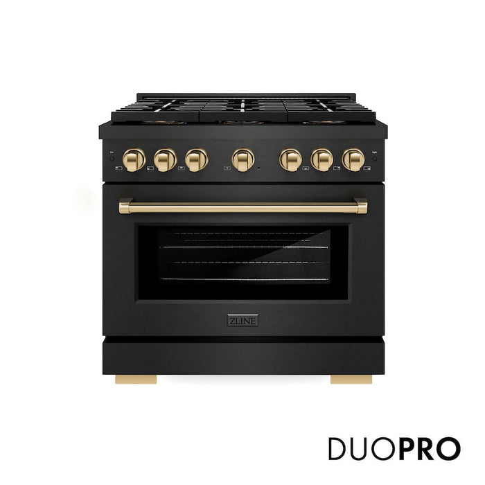 ZLINE Autograph Edition 36 in. 5.2 cu. ft. Paramount Dual Fuel Range with 6 Burner DuoPro™ Cooktop and Electric Convection Oven in Black Satin Stainless Steel and Polished Gold Accents (PSDRBSZ-36-G)