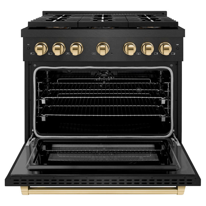 ZLINE Autograph Edition 36 in. 5.2 cu. ft. Paramount Dual Fuel Range with 6 Burner DuoPro™ Cooktop and Electric Convection Oven in Black Satin Stainless Steel and Polished Gold Accents (PSDRBSZ-36-G)