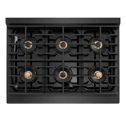 ZLINE Autograph Edition 36 in. 5.2 cu. ft. Paramount Dual Fuel Range with 6 Burner DuoPro™ Cooktop and Electric Convection Oven in Black Satin Stainless Steel and Polished Gold Accents (PSDRBSZ-36-G)