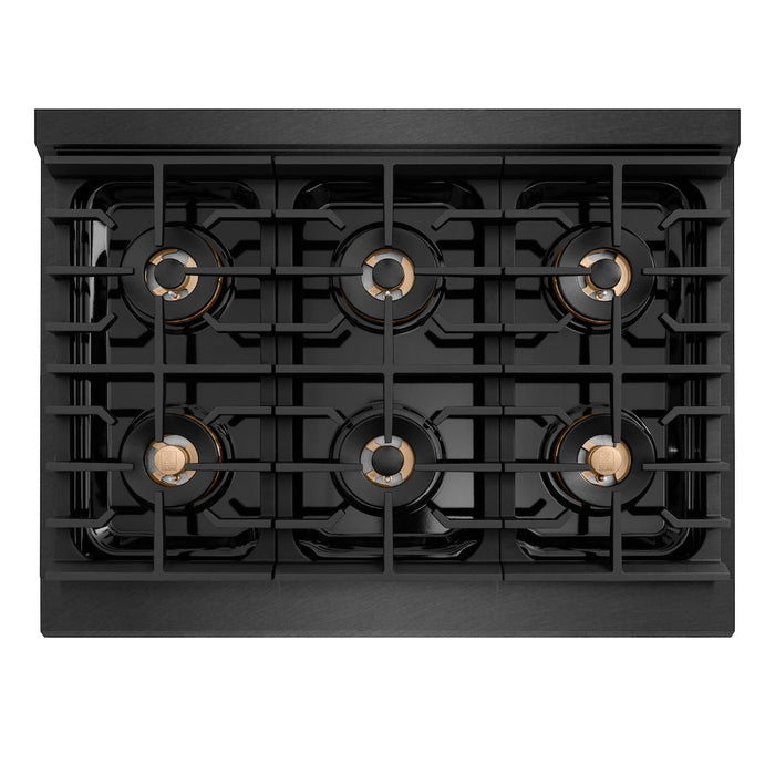 ZLINE Autograph Edition 36 in. 5.2 cu. ft. Paramount Dual Fuel Range with 6 Burner DuoPro™ Cooktop and Electric Convection Oven in Black Satin Stainless Steel and Polished Gold Accents (PSDRBSZ-36-G)