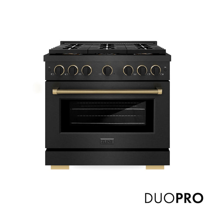 ZLINE Designer Collection 36 in. 5.2 cu. ft. Paramount Dual Fuel Range with 6 Burner DuoPro™ Cooktop and Electric Convection Oven in Black Satin Stainless Steel with Matte Black and Champagne Bronze Accents (PSDRBSZ-36-MBCB)