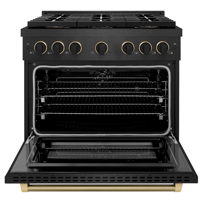 ZLINE Designer Collection 36 in. 5.2 cu. ft. Paramount Dual Fuel Range with 6 Burner DuoPro™ Cooktop and Electric Convection Oven in Black Satin Stainless Steel with Matte Black and Champagne Bronze Accents (PSDRBSZ-36-MBCB)