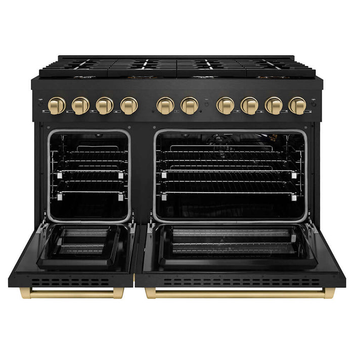 ZLINE Autograph Edition 48 in. 6.7 cu. ft. Paramount Double Oven Gas Range with 8 Burner Cooktop in Black Satin Stainless Steel and Champagne Bronze Accents (SGRBSZ-48-CB)