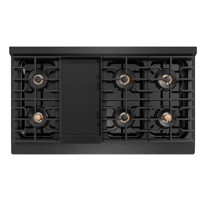 ZLINE Autograph Edition 48 in. 6.7 cu. ft. Paramount Gas Range with 8 Burner DuoPro™ Cooktop and Dual Ovens in Black Satin Stainless Steel and Polished Gold Accents (PSGRBSZ-48-G)