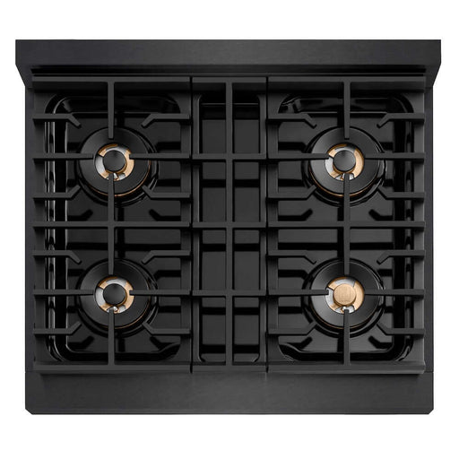 ZLINE Autograph Edition 30 in. 4.2 cu. ft. Paramount Gas Range with 4 Burner DuoPro™ Cooktop and Convection Gas Oven in Black Satin Stainless Steel and Polished Gold Accents (PSGRBSZ-30-G)