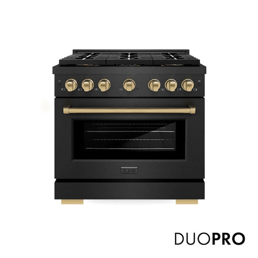 ZLINE Autograph Edition 36 in. 5.2 cu. ft. Paramount Gas Range with 6 Burner DuoPro™ Cooktop and Convection Gas Oven in Black Satin Stainless Steel and Champagne Bronze Accents (PSGRBSZ-36-CB)