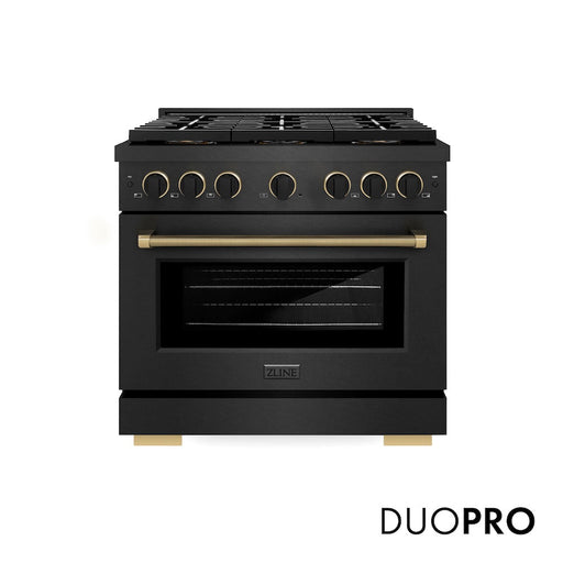 ZLINE Designer Collection 36 in. 5.2 cu. ft. Paramount Gas Range with 6 Burner DuoPro™ Cooktop and Convection Gas Oven in Black Satin Stainless Steel with Matte Black and Champagne Bronze Accents (PSGRBSZ-36-MBCB)