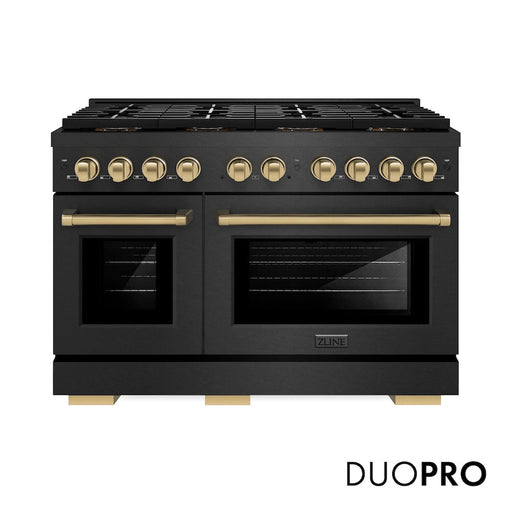 ZLINE Autograph Edition 48 in. 6.7 cu. ft. Paramount Gas Range with 8 Burner DuoPro™ Cooktop and Dual Ovens in Black Satin Stainless Steel and Champagne Bronze Accents (PSGRBSZ-48-CB)