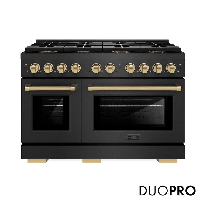 ZLINE Autograph Edition 48 in. 6.7 cu. ft. Paramount Gas Range with 8 Burner DuoPro™ Cooktop and Dual Ovens in Black Satin Stainless Steel and Champagne Bronze Accents (PSGRBSZ-48-CB)