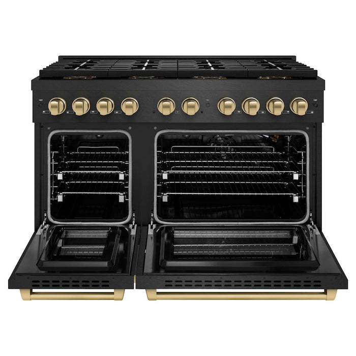 ZLINE Autograph Edition 48 in. 6.7 cu. ft. Paramount Gas Range with 8 Burner DuoPro™ Cooktop and Dual Ovens in Black Satin Stainless Steel and Champagne Bronze Accents (PSGRBSZ-48-CB)