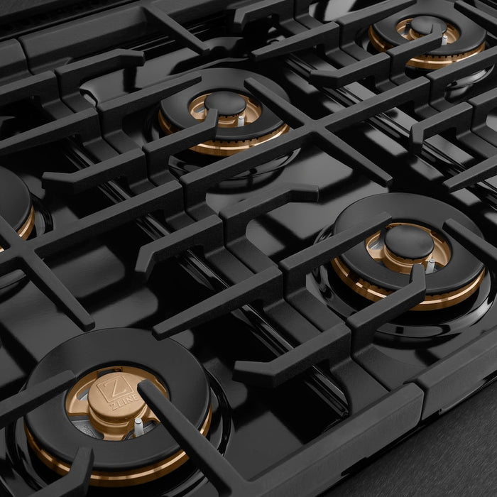 ZLINE Autograph Edition 48 in. 6.7 cu. ft. Paramount Gas Range with 8 Burner DuoPro™ Cooktop and Dual Ovens in Black Satin Stainless Steel and Polished Gold Accents (PSGRBSZ-48-G)