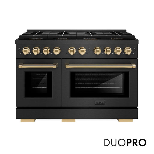 ZLINE Autograph Edition 48 in. 6.7 cu. ft. Paramount Gas Range with 8 Burner DuoPro™ Cooktop and Dual Ovens in Black Satin Stainless Steel and Polished Gold Accents (PSGRBSZ-48-G)