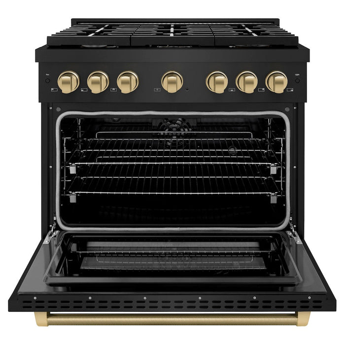 ZLINE Autograph Edition 36 in. 5.2 cu. ft. Paramount Dual Fuel Range with 6 Burner Gas Cooktop and Electric Convection Oven in Black Stainless Steel with Champagne Bronze Helix Handle and Knob Accents (SDRBZ-36-KCB)