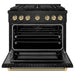 ZLINE Autograph Edition 36 in. 5.2 cu. ft. Paramount Dual Fuel Range with 6 Burner Gas Cooktop and Electric Convection Oven in Black Stainless Steel with Champagne Bronze Helix Handle and Knob Accents (SDRBZ-36-KCB)