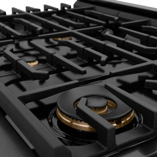 ZLINE Autograph Edition 36 in. 5.2 cu. ft. Paramount Dual Fuel Range with 6 Burner Gas Cooktop and Electric Convection Oven in Black Stainless Steel with Polished Gold Helix Handle and Knob Accents (SDRBZ-36-KG)