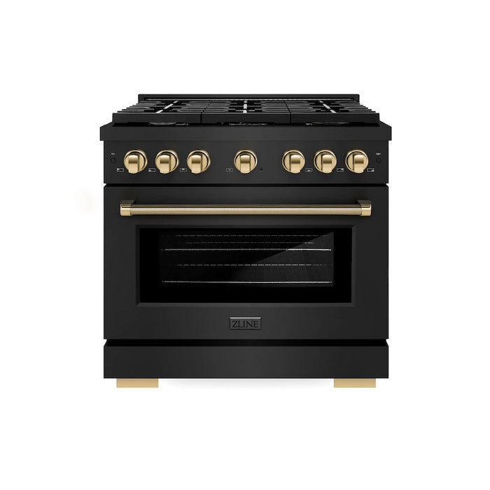 ZLINE Autograph Edition 36 in. 5.2 cu. ft. Paramount Dual Fuel Range with 6 Burner Gas Cooktop and Electric Convection Oven in Black Stainless Steel with Polished Gold Helix Handle and Knob Accents (SDRBZ-36-KG)