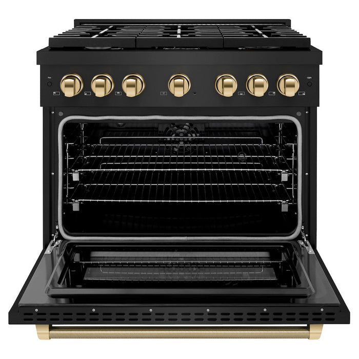 ZLINE Autograph Edition 36 in. 5.2 cu. ft. Paramount Dual Fuel Range with 6 Burner Gas Cooktop and Electric Convection Oven in Black Stainless Steel with Polished Gold Helix Handle and Knob Accents (SDRBZ-36-KG)