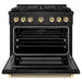 ZLINE Autograph Edition 36 in. 5.2 cu. ft. Paramount Dual Fuel Range with 6 Burner Gas Cooktop and Electric Convection Oven in Black Stainless Steel with Polished Gold Helix Handle and Knob Accents (SDRBZ-36-KG)