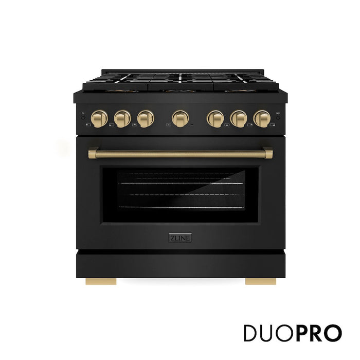 ZLINE Autograph Edition 36 in. 5.2 cu. ft. Paramount Dual Fuel Range with 6 Burner DuoPro™ Cooktop and Electric Convection Oven in Black Stainless Steel with Champagne Bronze Helix Handle and Accents (PSDRBZ-36-KCB)