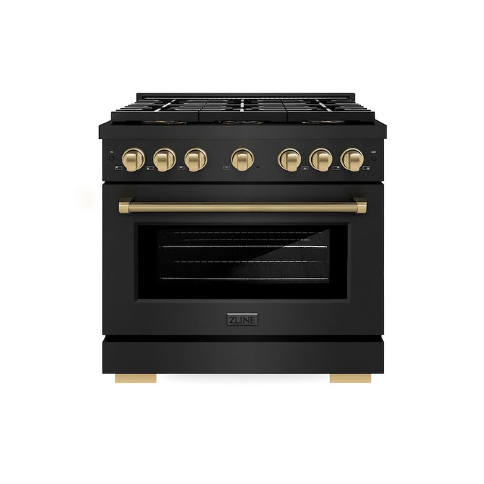 ZLINE Autograph Edition 36 in. 5.2 cu. ft. Paramount Dual Fuel Range with 6 Burner DuoPro™ Cooktop and Electric Convection Oven in Black Stainless Steel with Champagne Bronze Helix Handle and Accents (PSDRBZ-36-KCB)