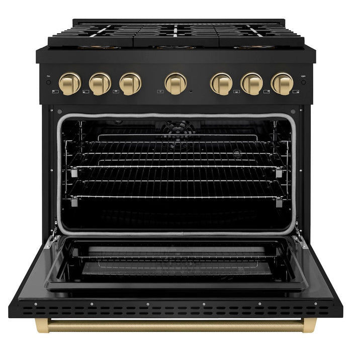 ZLINE Autograph Edition 36 in. 5.2 cu. ft. Paramount Dual Fuel Range with 6 Burner DuoPro™ Cooktop and Electric Convection Oven in Black Stainless Steel with Champagne Bronze Helix Handle and Accents (PSDRBZ-36-KCB)