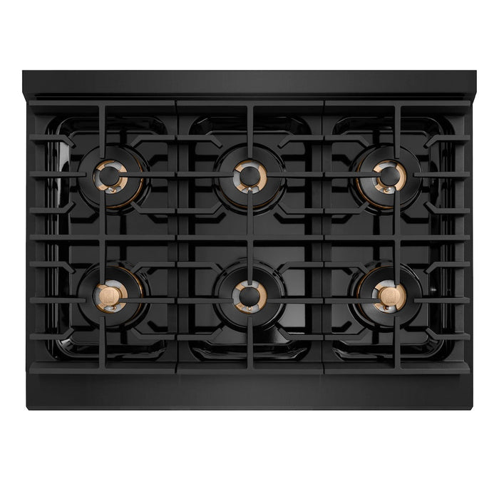 ZLINE Autograph Edition 36 in. 5.2 cu. ft. Paramount Dual Fuel Range with 6 Burner DuoPro™ Cooktop and Electric Convection Oven in Black Stainless Steel with Champagne Bronze Helix Handle and Accents (PSDRBZ-36-KCB)
