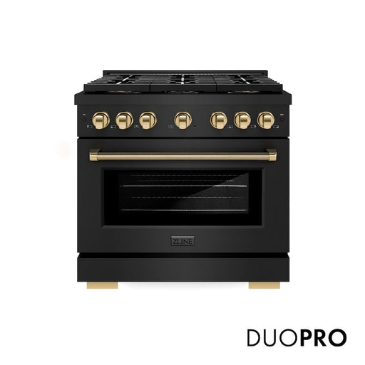 ZLINE Autograph Edition 36 in. 5.2 cu. ft. Paramount Dual Fuel Range with 6 Burner DuoPro™ Cooktop and Electric Convection Oven in Black Stainless Steel with Polished Gold Helix Handle and Accents (PSDRBZ-36-KG)