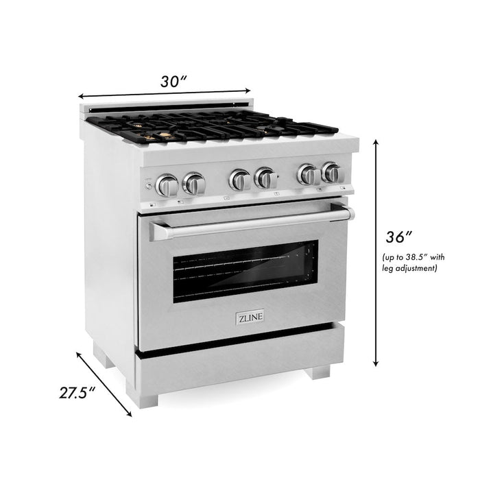 ZLINE 30 in. 4.0 cu. ft. Legacy Dual Fuel Range with Gas Cooktop and Electric Convection Oven in Satin Stainless Steel with 4 Brass Burners and Griddle (RAS-SN-BR-GR-30)