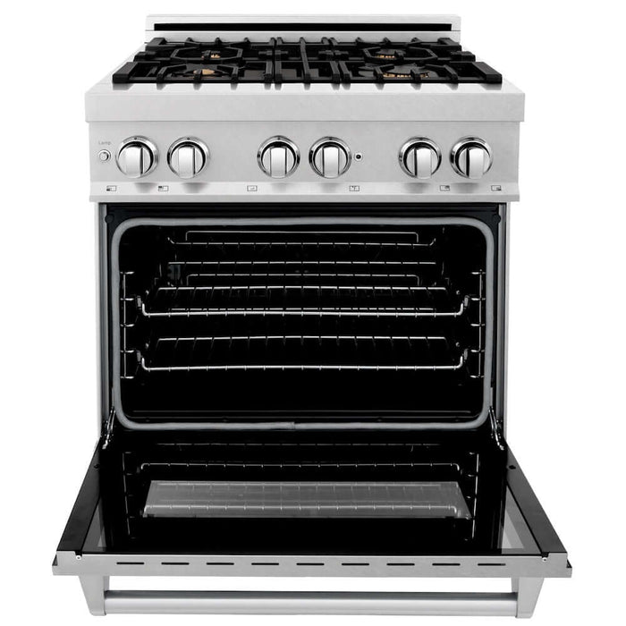 ZLINE 30 in. 4.0 cu. ft. Legacy Dual Fuel Range with Gas Cooktop and Electric Convection Oven in Satin Stainless Steel with 4 Brass Burners and Griddle (RAS-SN-BR-GR-30)