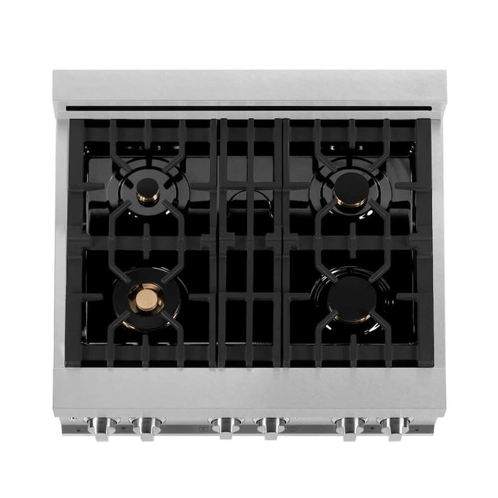 ZLINE 30 in. 4.0 cu. ft. Legacy Dual Fuel Range with Gas Cooktop and Electric Convection Oven in Satin Stainless Steel with 4 Brass Burners and Griddle (RAS-SN-BR-GR-30)