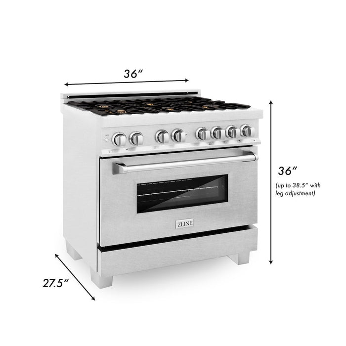 ZLINE 36 in. 4.6 cu. ft. Legacy Dual Fuel Range with Gas Cooktop and Electric Convection Oven in Satin Stainless Steel with 6 Brass Burners and Griddle (RAS-SN-BR-GR-36)